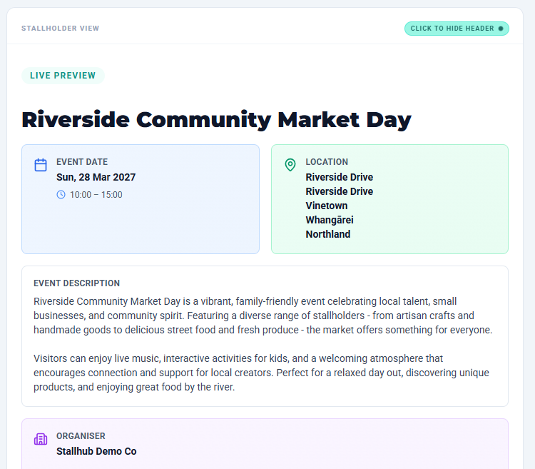 StallHub event dashboard for the Riverside Community Market Day